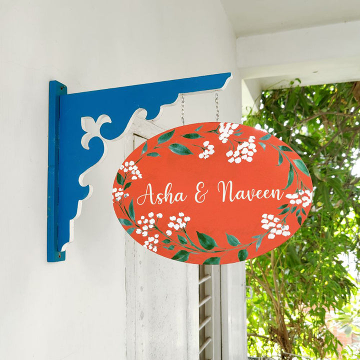 Hand Painted Oval Hanging Floral Name Plate 7 - Hanging Sign Mounted on Wall Bracket