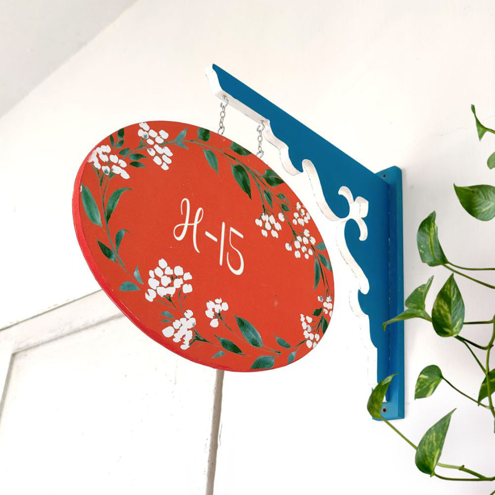 Hand Painted Oval Hanging Floral Name Plate 7 - Hanging Side View Mounted on Wall