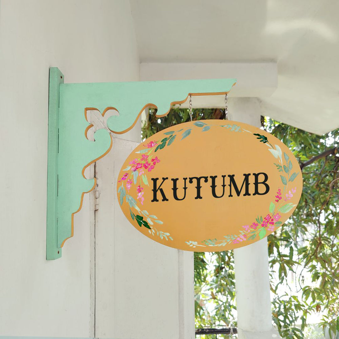 Hand Painted Oval Hanging Floral Name Plate 9 - Hanging Sign Viewed from Side