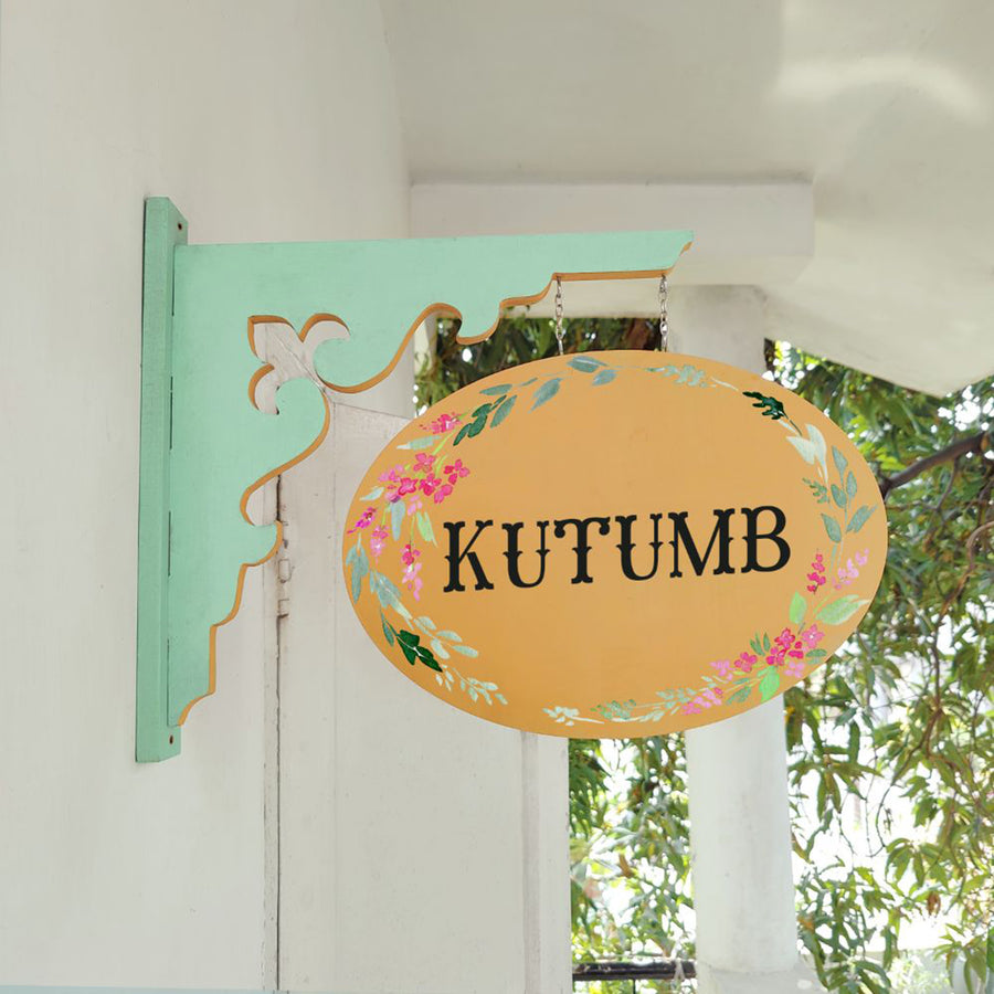 Hand Painted Oval Hanging Floral Name Plate 9 - Hanging Sign Viewed from Side
