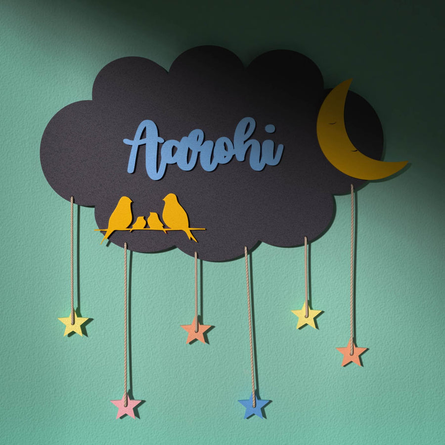 Dark Grey Cloud Name Plate Multicolour Stars - Mounted on Wall with Hanging Stars