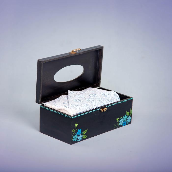 Black Tissue Box with Blue Yarrows