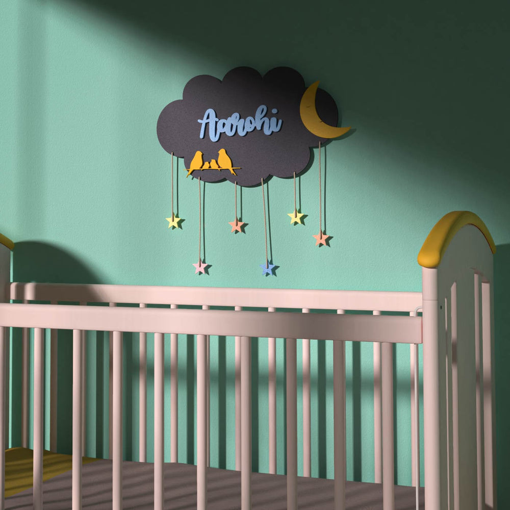 Dark Grey Cloud Name Plate Multicolour Stars - Mounted on Nursery Wall Above Crib