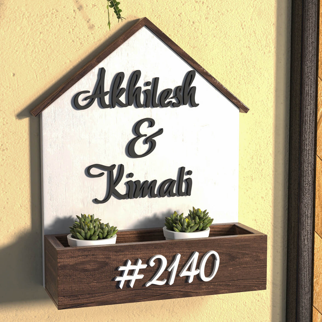 House Shaped Planter Nameboard For Couples - Front View Mounted on Wall