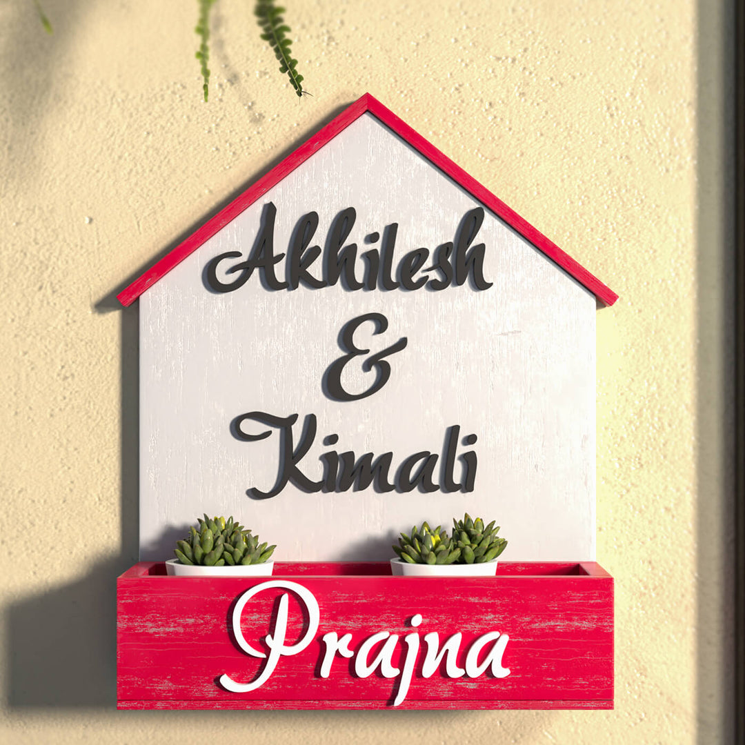 House Shaped Planter Name Plate Three Names 1 - Mounted on Wall with Planters