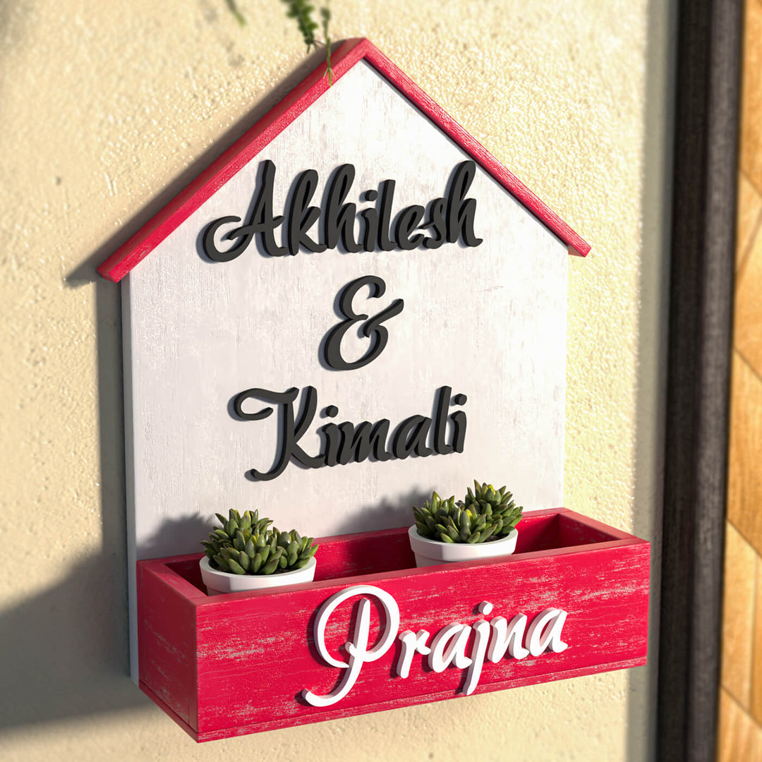 House Shaped Planter Name Plate Three Names 1 - Wall Mounted with Planters