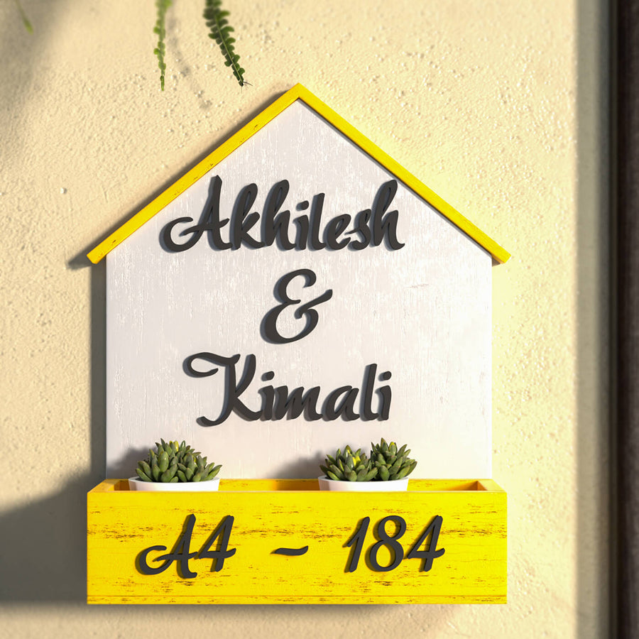 House Shaped Planter Name Plate Two Names - Front View Mounted on Wall