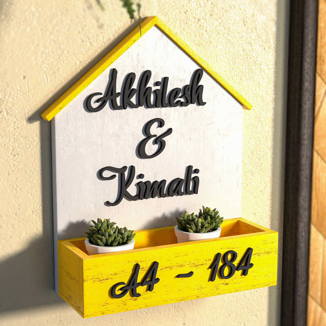 House Shaped Planter Name Plate Two Names - Wall Mounted with Planter View