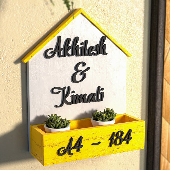 House Shaped Planter Name Plate Two Names - Wall Mounted with Planter View