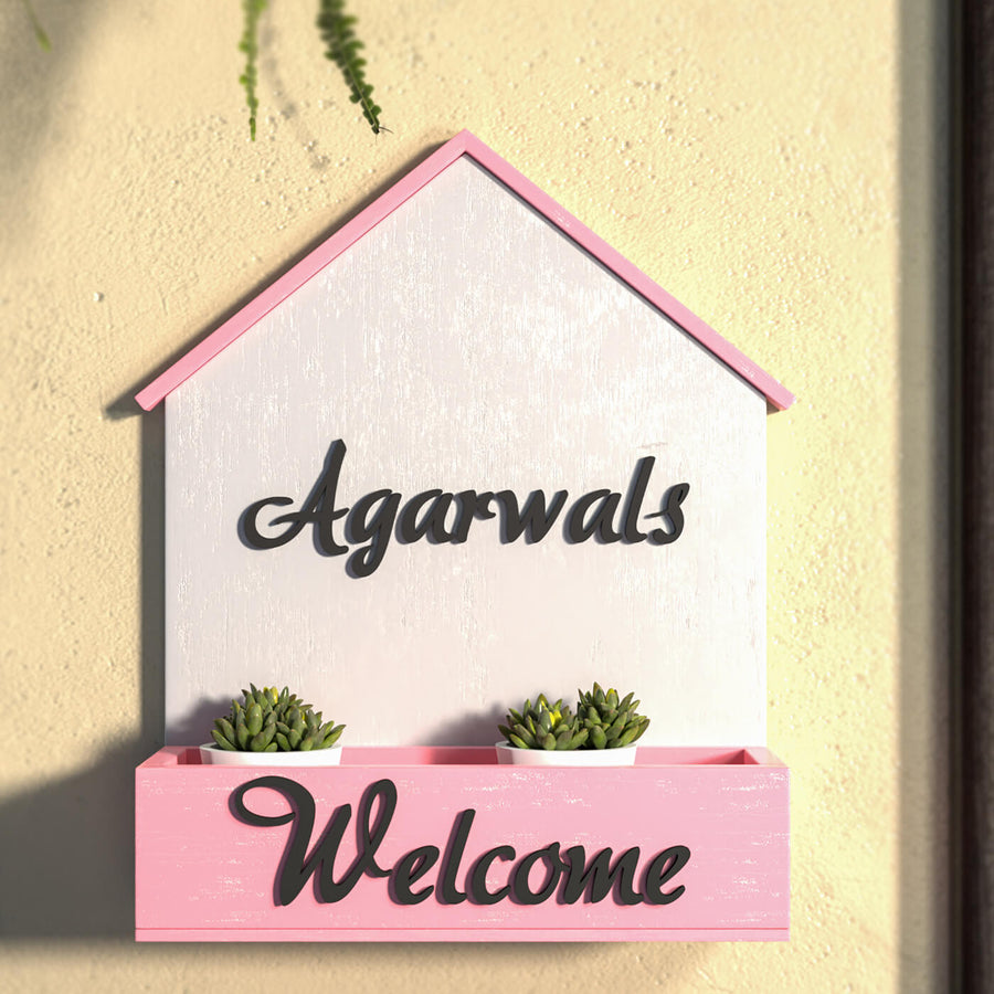 House Shaped Planter Name Plate For Family - Front View with Name Personalization