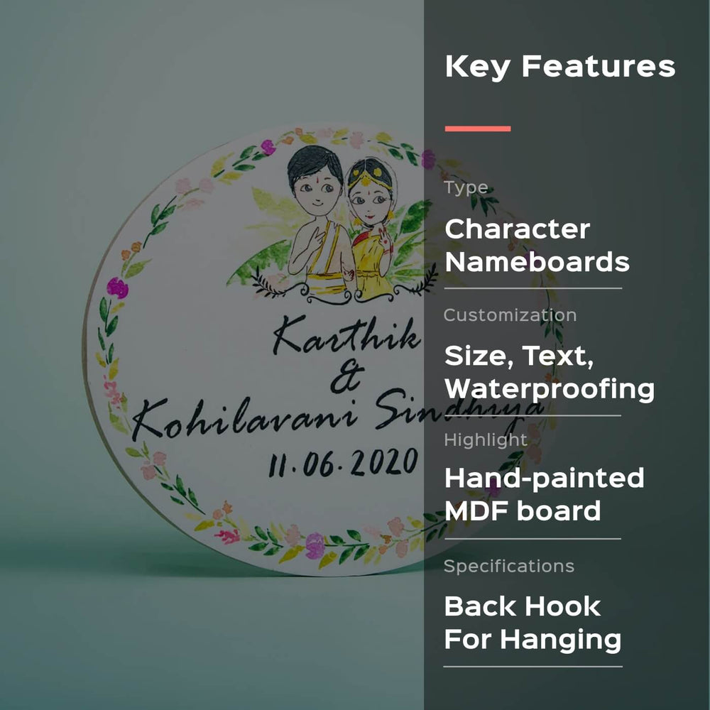 Round Hand Painted Character Name Plate South Indian Couple - Front View with Text Overlay