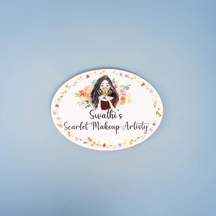 Oval Hand Painted Character Name Plate Makeup Studio - Front View on Plain Background
