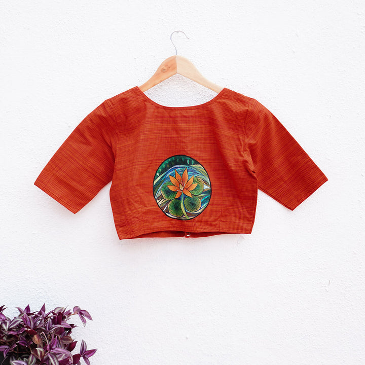 Unstiched Blouse Piece - Red with Lotus Leaf