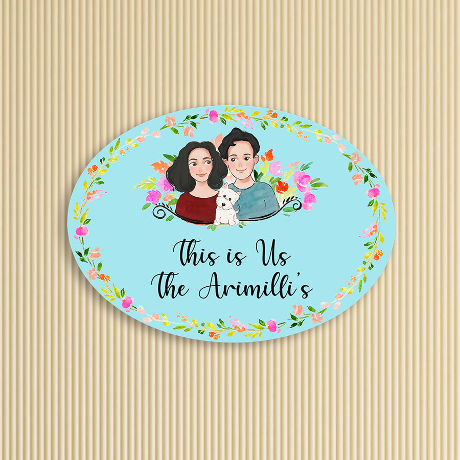 Oval Hand Painted Character Name Plate With Pets 3 - Front View with Personalized Illustration