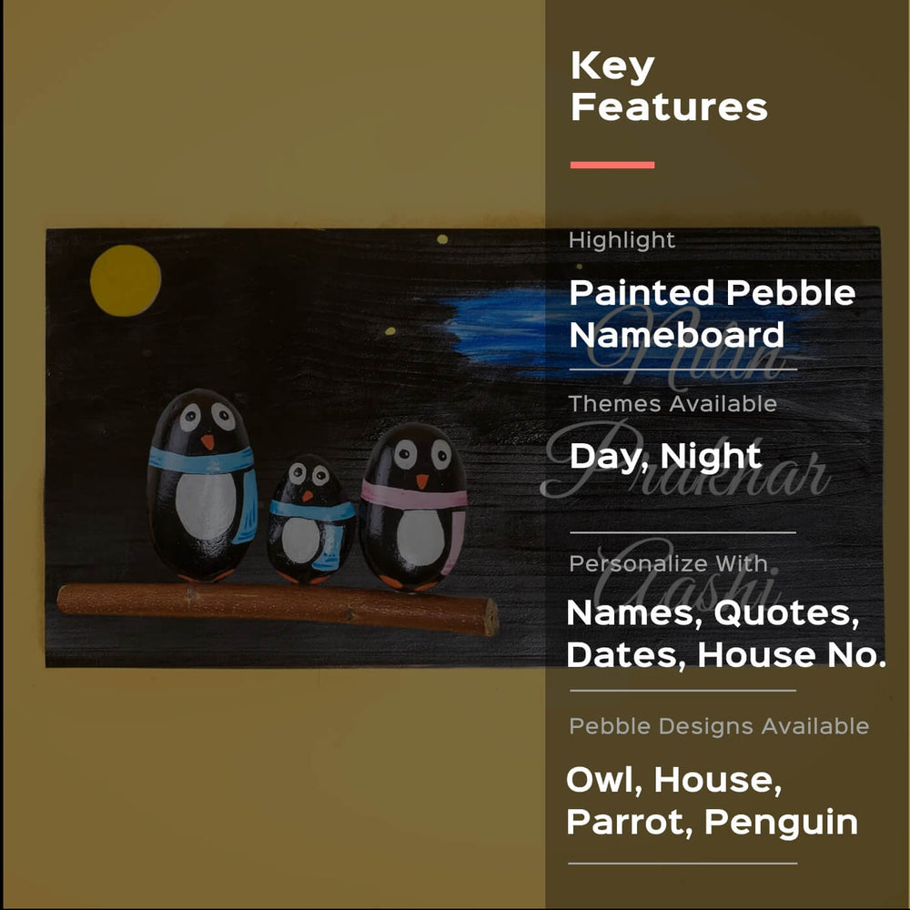 Three Penguin Family Name Plate - Front View with Key Features Overlay