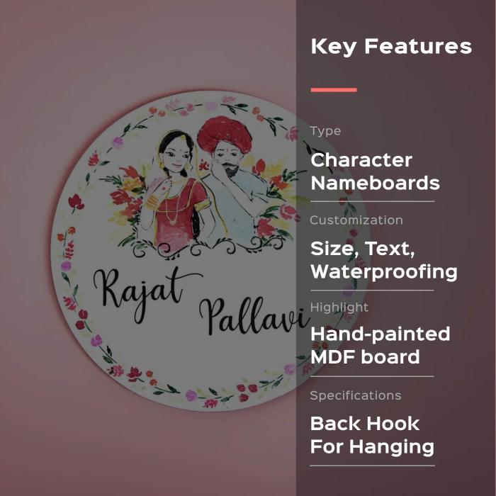 Round Hand Painted Character Name Plate Punjabi Couple - Front View with Character Illustration