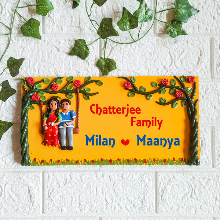 Handmade Couples Name Plate With Personalised Clay Figures - Front View with Name Personalization