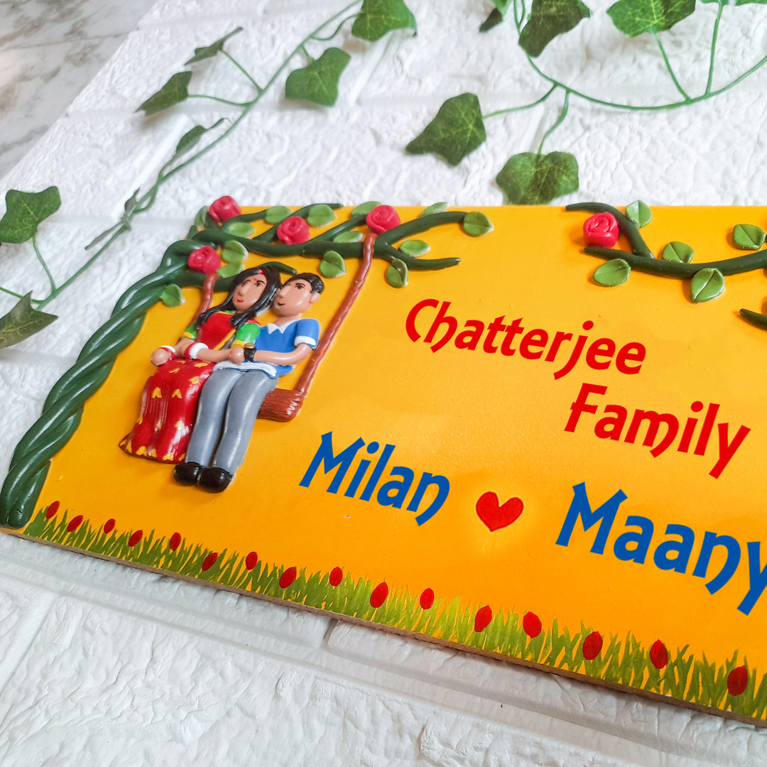 Handmade Couples Name Plate With Personalised Clay Figures - Angled Close-up Showing Personalization