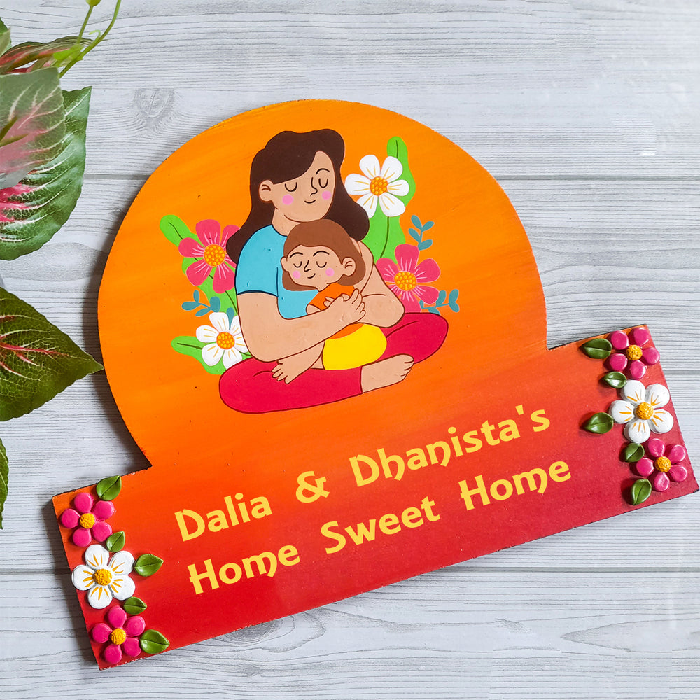 Handmade Mother Daughter Name Plate With Personalised Illustration - Front View Flat on Surface