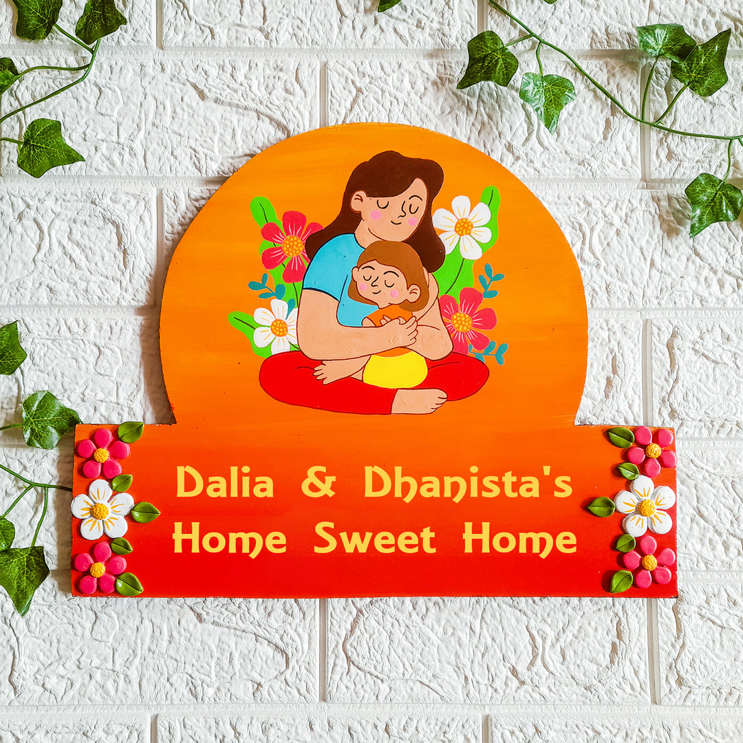 Handmade Mother Daughter Name Plate With Personalised Illustration - Front View with Name Personalization