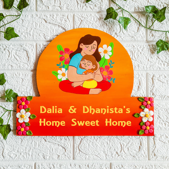 Handmade Mother Daughter Name Plate With Personalised Illustration - Front View with Name Personalization
