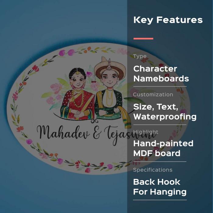 Oval Hand Painted Character Name Plate Marathi Couple - Front View with Name Personalization