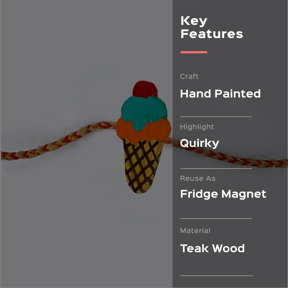 Handpainted Wooden Rakhi Icecream - Key Features Text Overlay