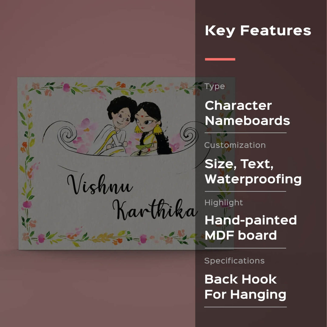Rectangle Hand Painted Character Name Plate Kerala Couple - Front View with Personalization Text