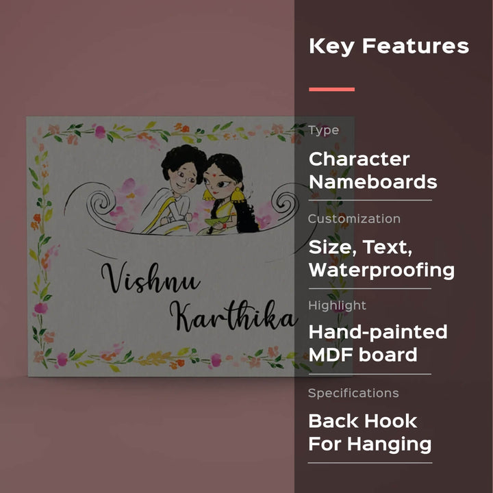 Rectangle Hand Painted Character Name Plate Kerala Couple - Front View with Personalization Text