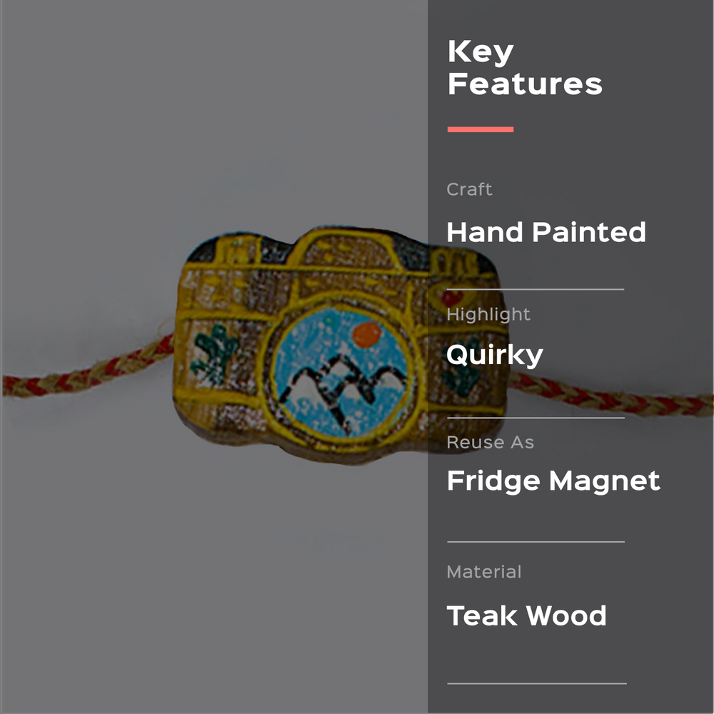 Handpainted Wooden Rakhi Camera - Key Features Text Overlay