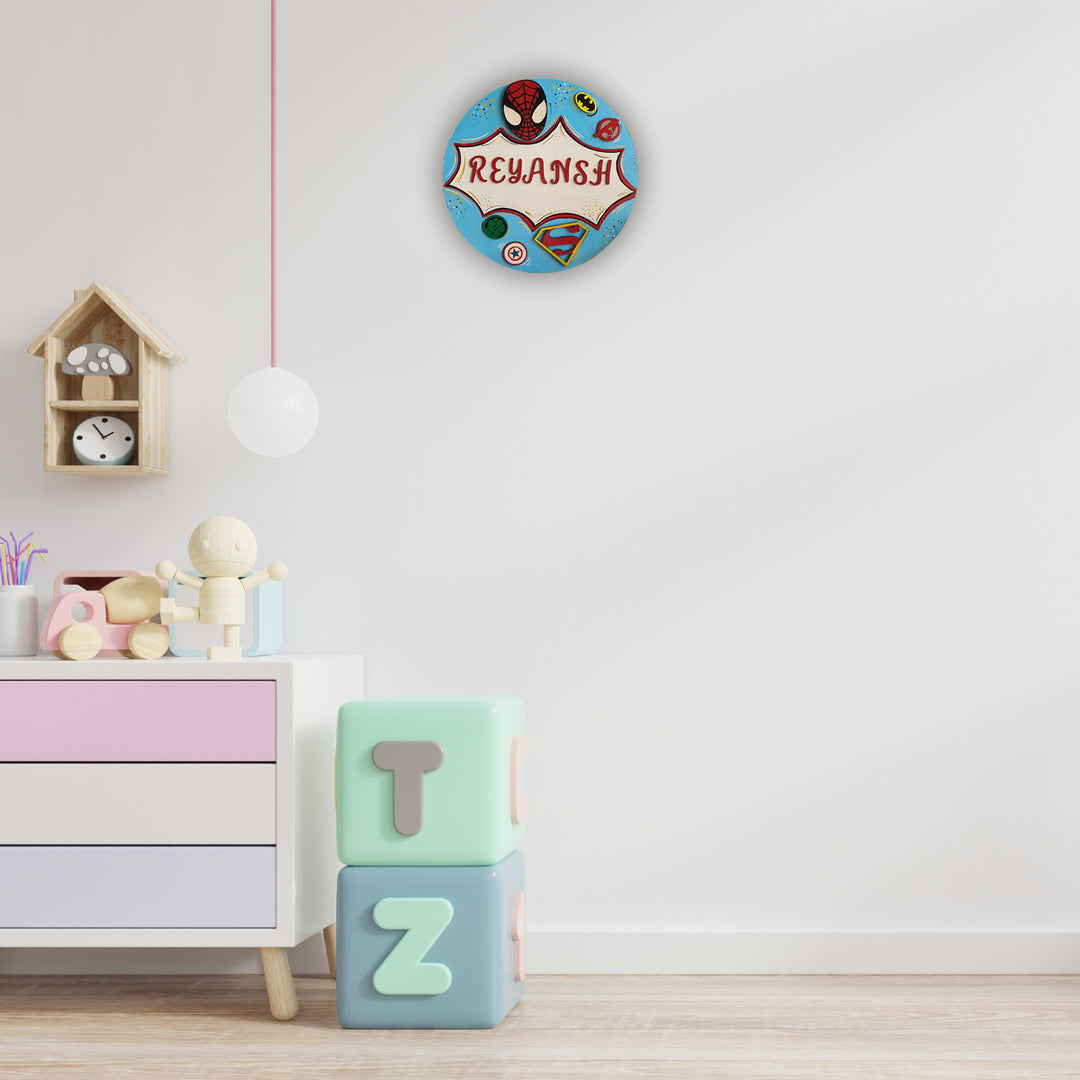 Super Heros Themed Kids Name Plate - Mounted on Wall in Room Setting