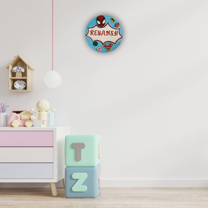 Super Heros Themed Kids Name Plate - Mounted on Wall in Room Setting
