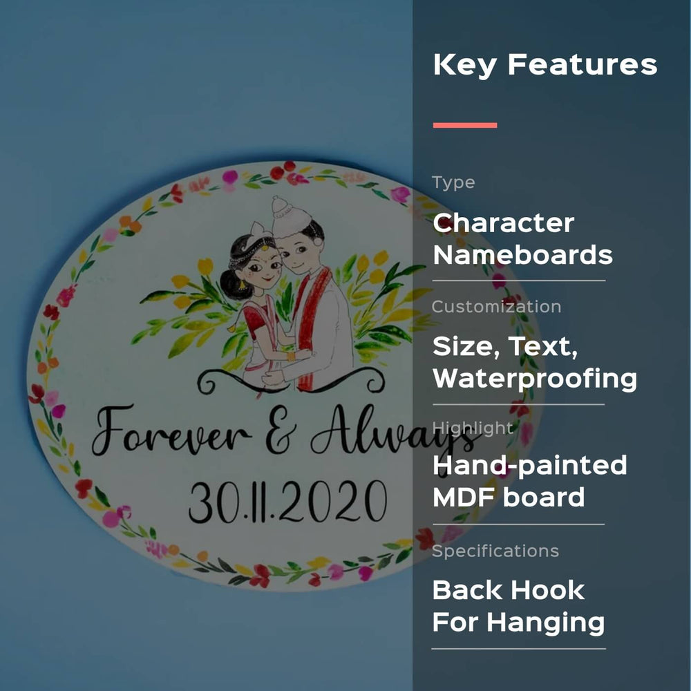 Oval Hand Painted Character Name Plate Bengali Couple - Front View of Hanging Nameboard