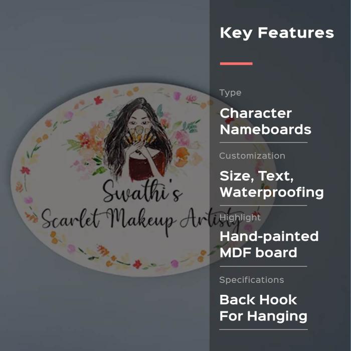 Oval Hand Painted Character Name Plate Makeup Studio - Front View with Hand-painted Design