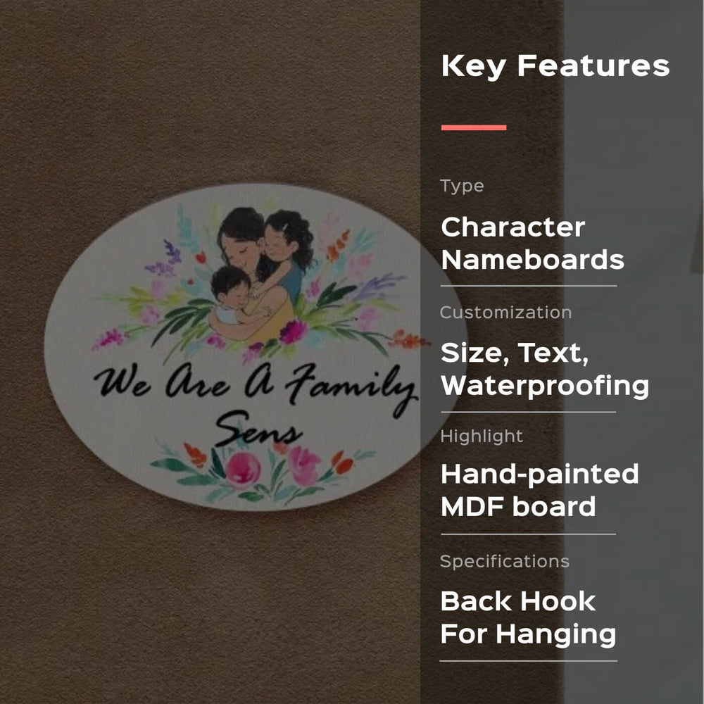 Oval Hand Painted Character Name Plate For Family - Front View Mounted on Wall