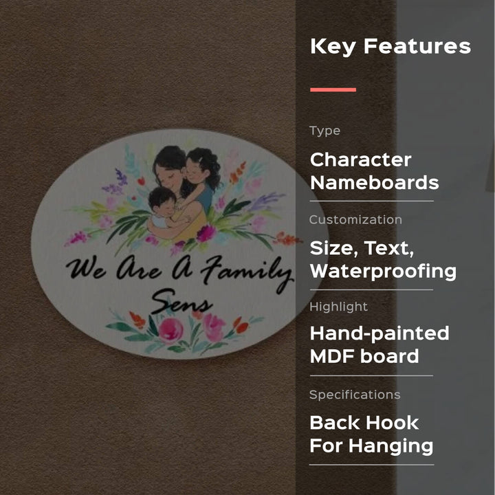 Oval Hand Painted Character Name Plate For Family - Front View Mounted on Wall
