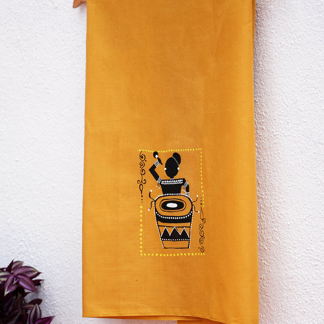 Mustard Unstiched Blouse Piece - Warli Art