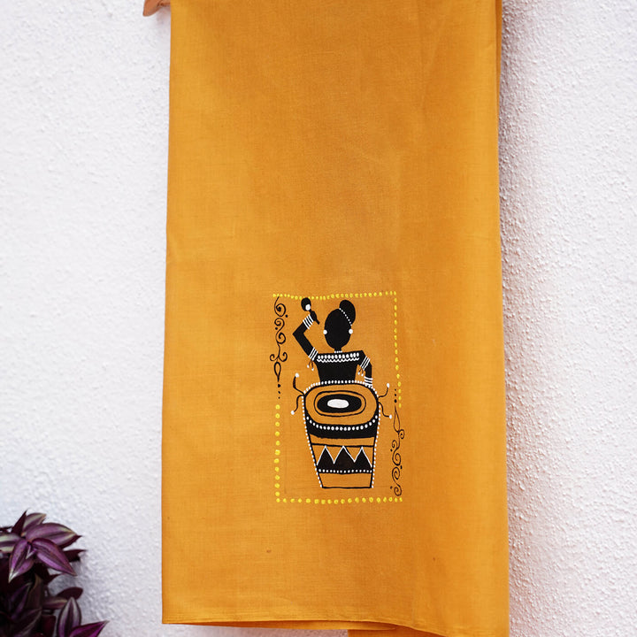 Mustard Unstiched Blouse Piece - Warli Art
