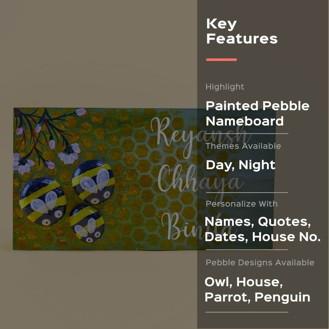 Hand Painted Pebble Name Plate Honey Bees - Front View on Display Surface