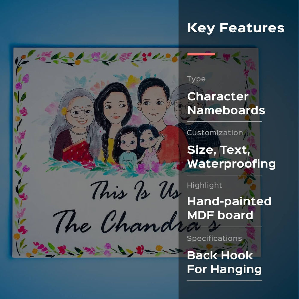 Rectangle Hand Painted Character Name Plate Big Family - Front View with Text and Illustration