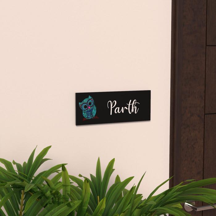 Small Dot Art Name Plate Owl - Mounted on Wall Near Door