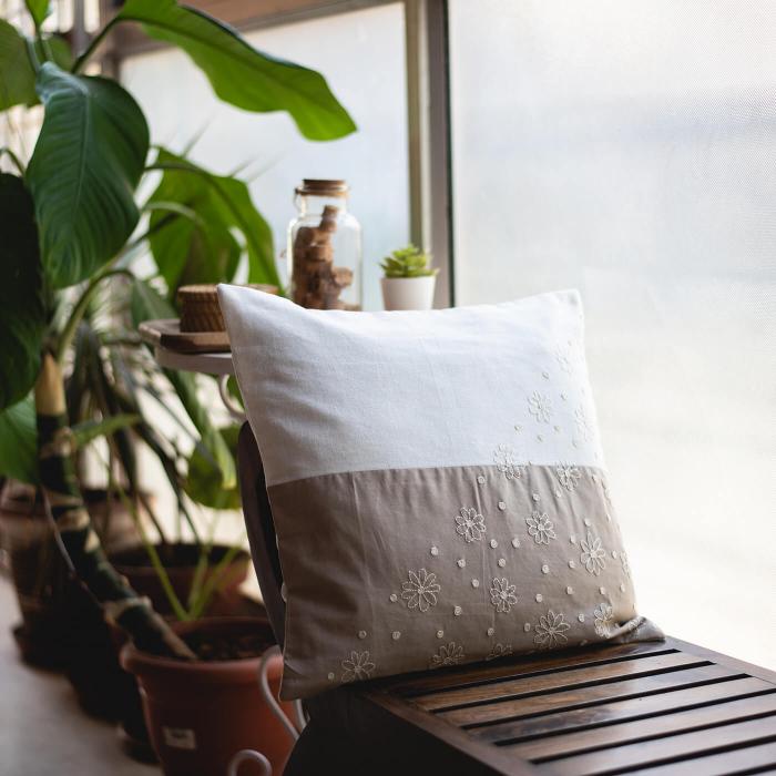 Hand-embroidered Grey and White Dual Colour Cushion Cover - 40 x 40 cm