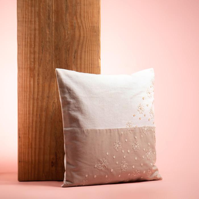 Hand-embroidered Grey and White Dual Colour Cushion Cover - 40 x 40 cm