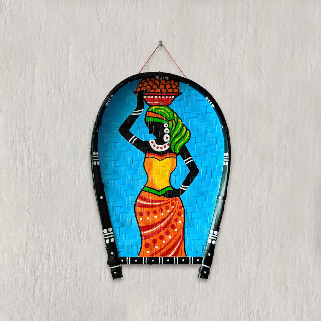 Handpainted African Lady with Pot Folk Art Bamboo Wall Decor