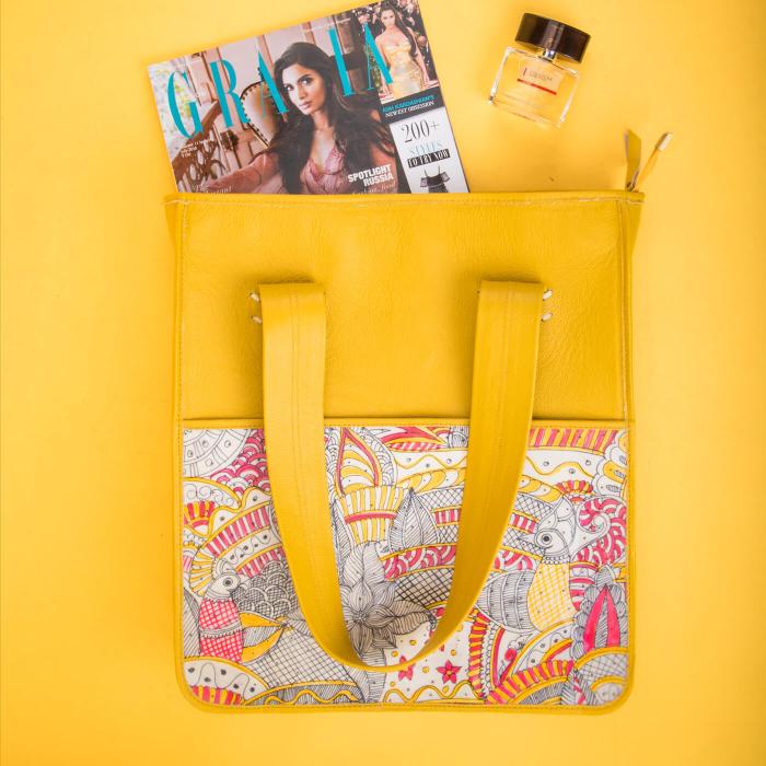 Peacock Minimal Tholu Bommalata Art | Yellow Genuine Leather Everyday Tote Bag With Outer Handpainted Pocket