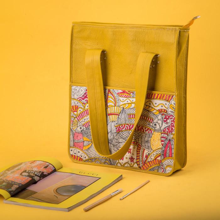 Peacock Minimal Tholu Bommalata Art | Yellow Genuine Leather Everyday Tote Bag With Outer Handpainted Pocket