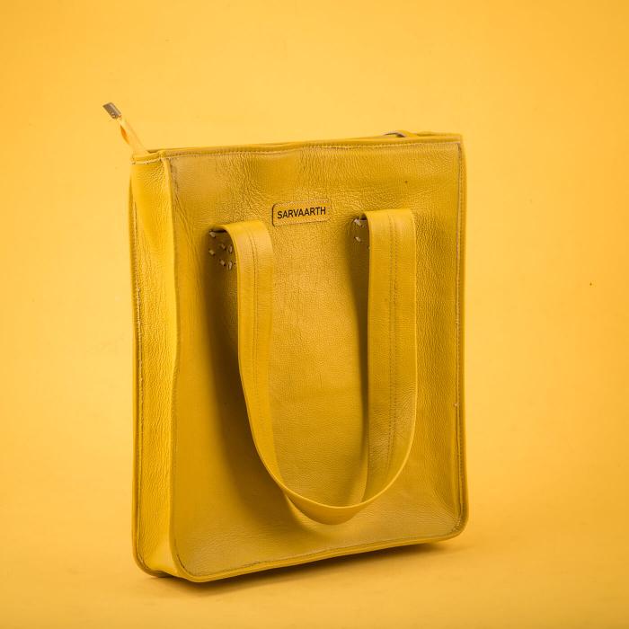 Peacock Minimal Tholu Bommalata Art | Yellow Genuine Leather Everyday Tote Bag With Outer Handpainted Pocket