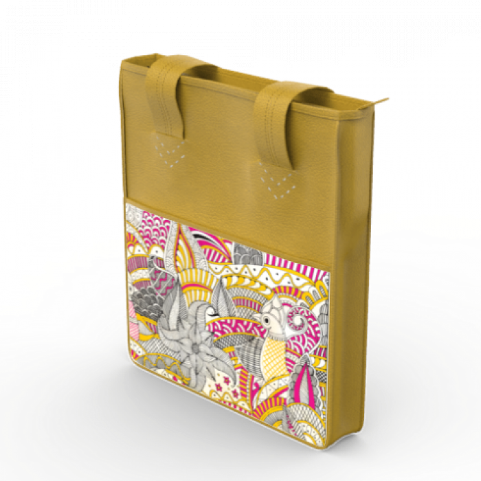 Peacock Minimal Tholu Bommalata Art | Yellow Genuine Leather Everyday Tote Bag With Outer Handpainted Pocket