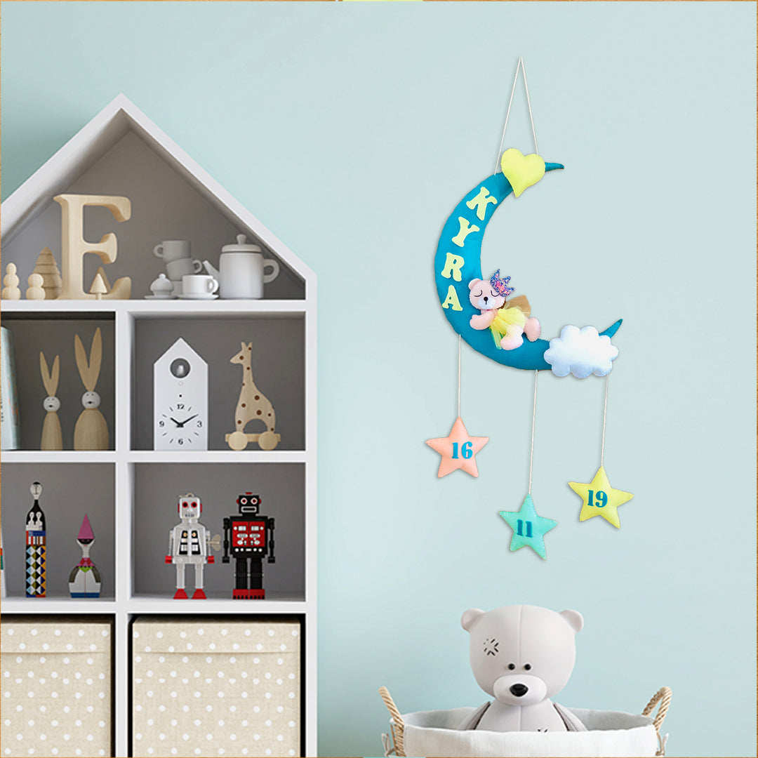 Handmade Sleeping Teddy On A Moon Kids Felt Name Hanging With Birthdate - Hanging Personalized Name Decoration