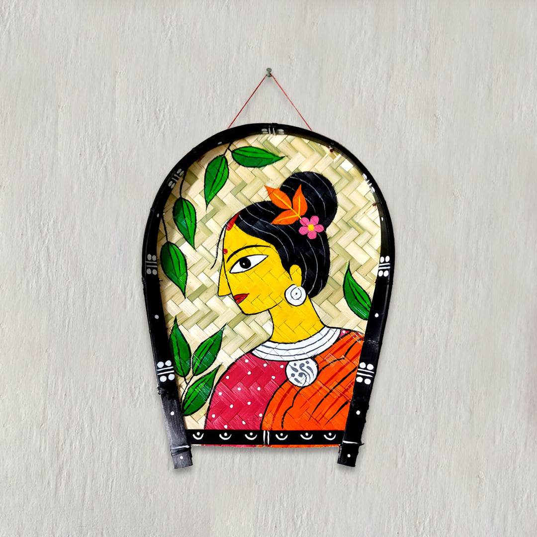Handpainted Woman Folk Art | White Folk Art Bamboo Wall Decor